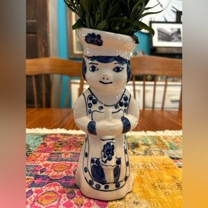 Vintage German Ceramic Vase Blue White Hand painted Mamsell With Rolling Pin